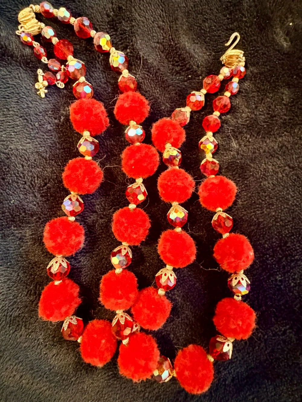 Red Pom Pom Double Strand Iridescent Statement Necklace